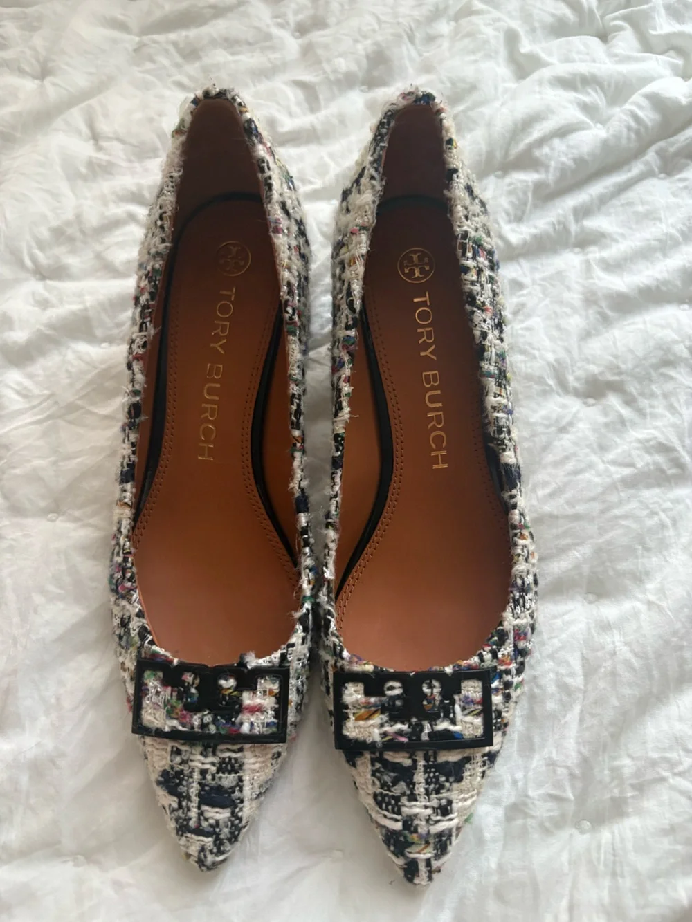 Tory Burch Black & Multicolor Tweed Pointed Ballet Flats